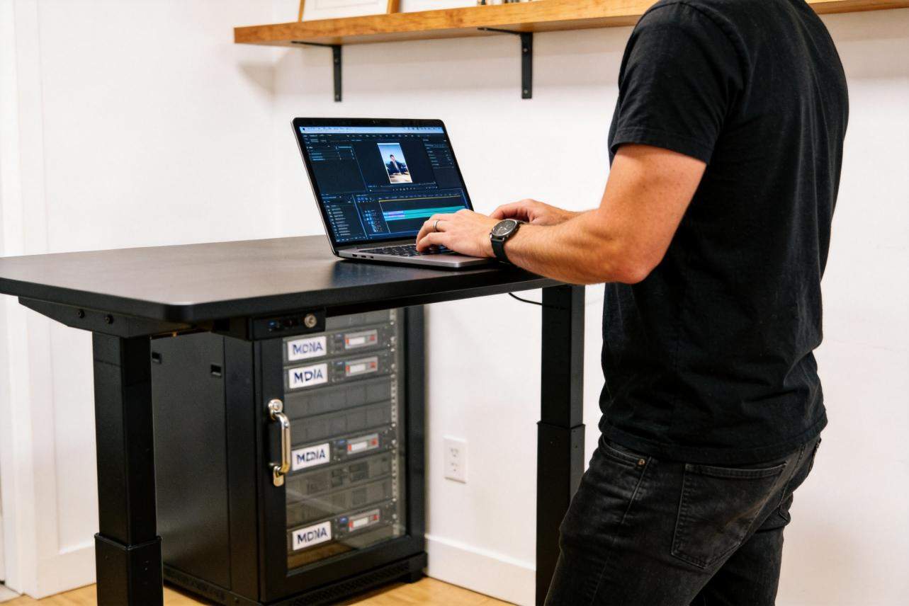 Person editing video on a laptop beside a locked media storage cabinet