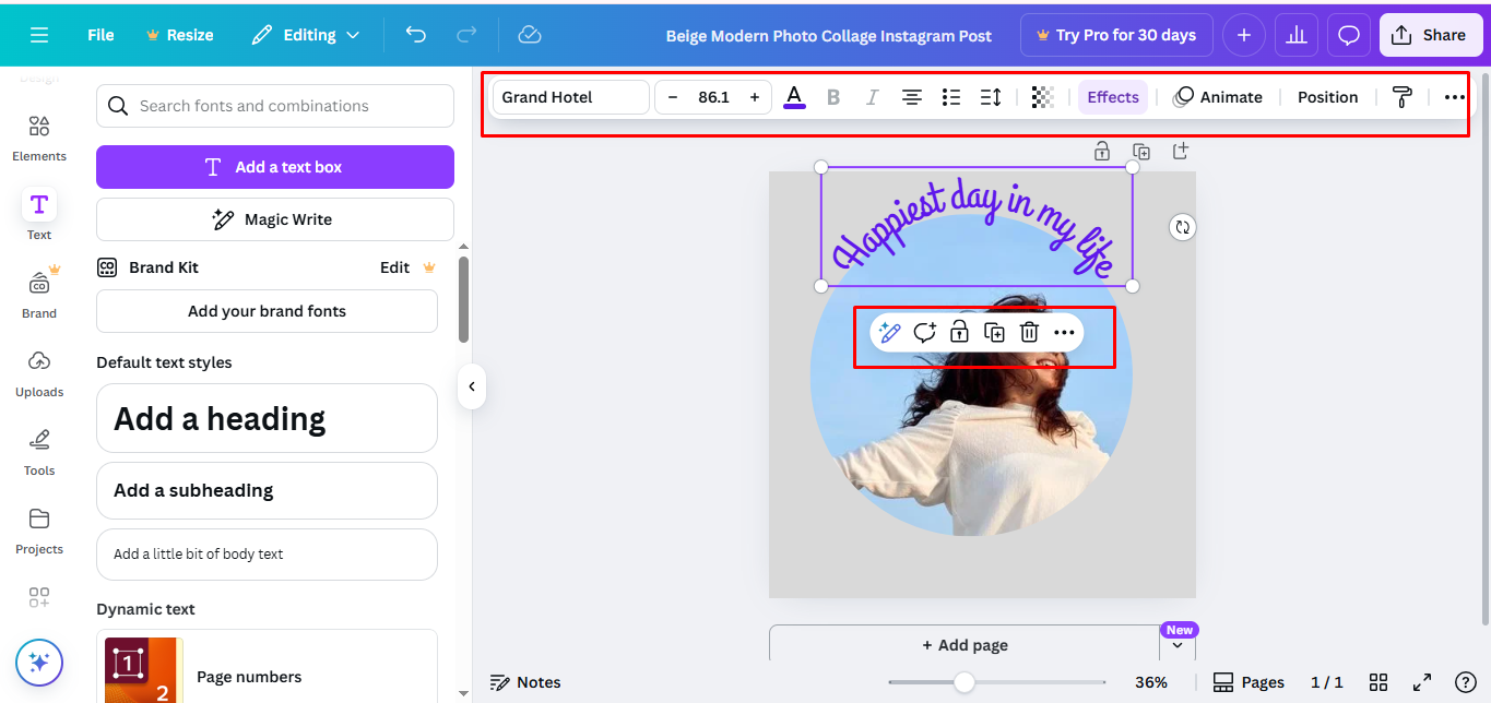 Adjusting the position and refining warped text in Canva