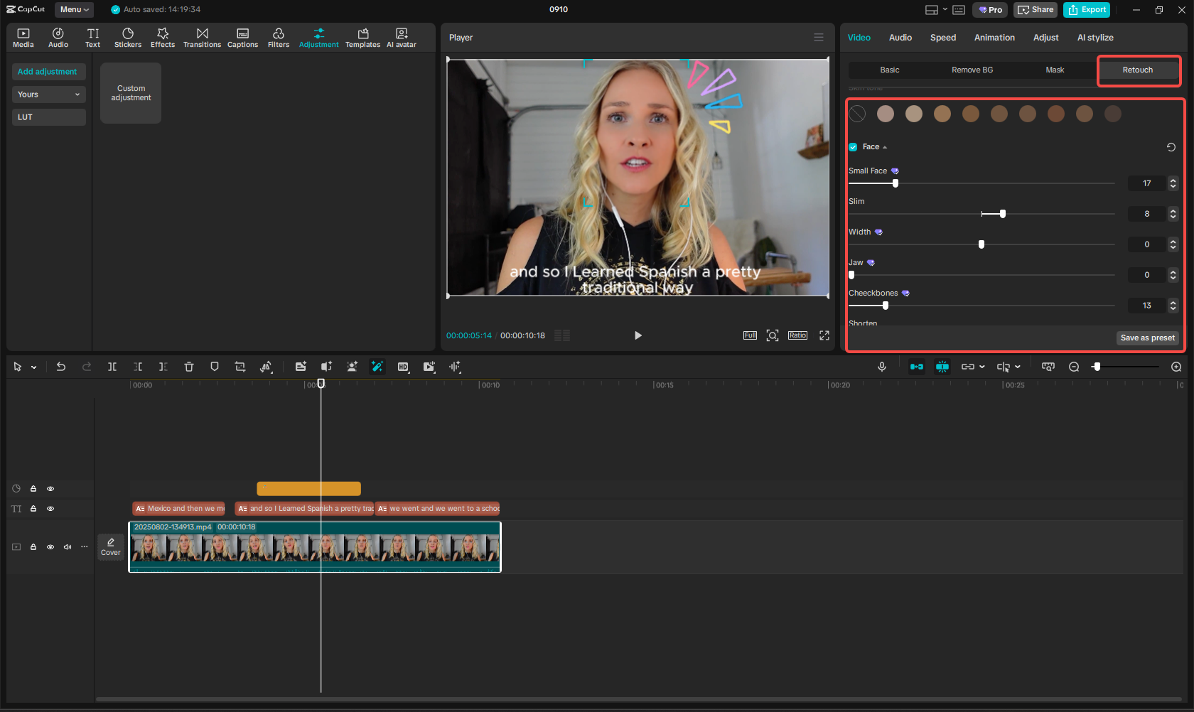 Retouching a face in CapCut