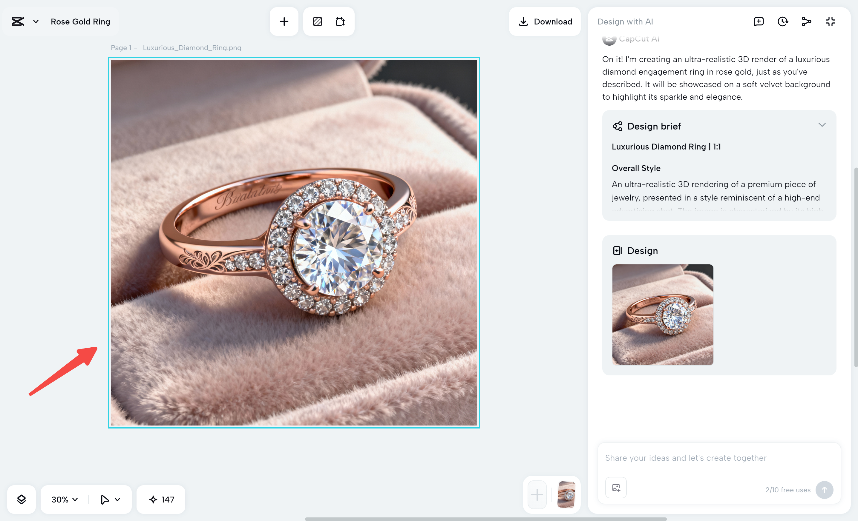 Viewing the design details on the CapCut desktop video editor