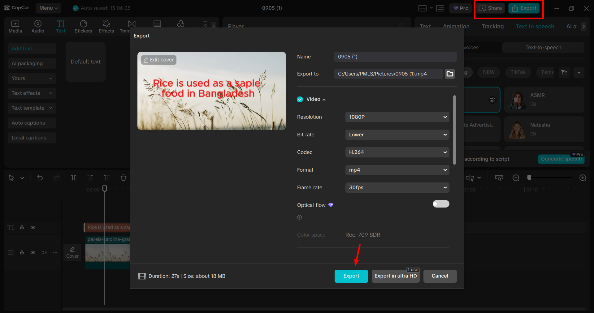 Export videa z editoru videa pro stolní počítače CapCut