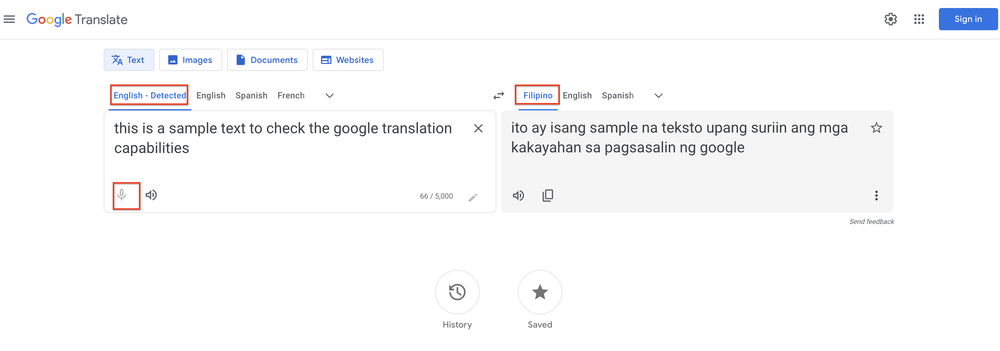 Translate English to Filipino in Google Translate