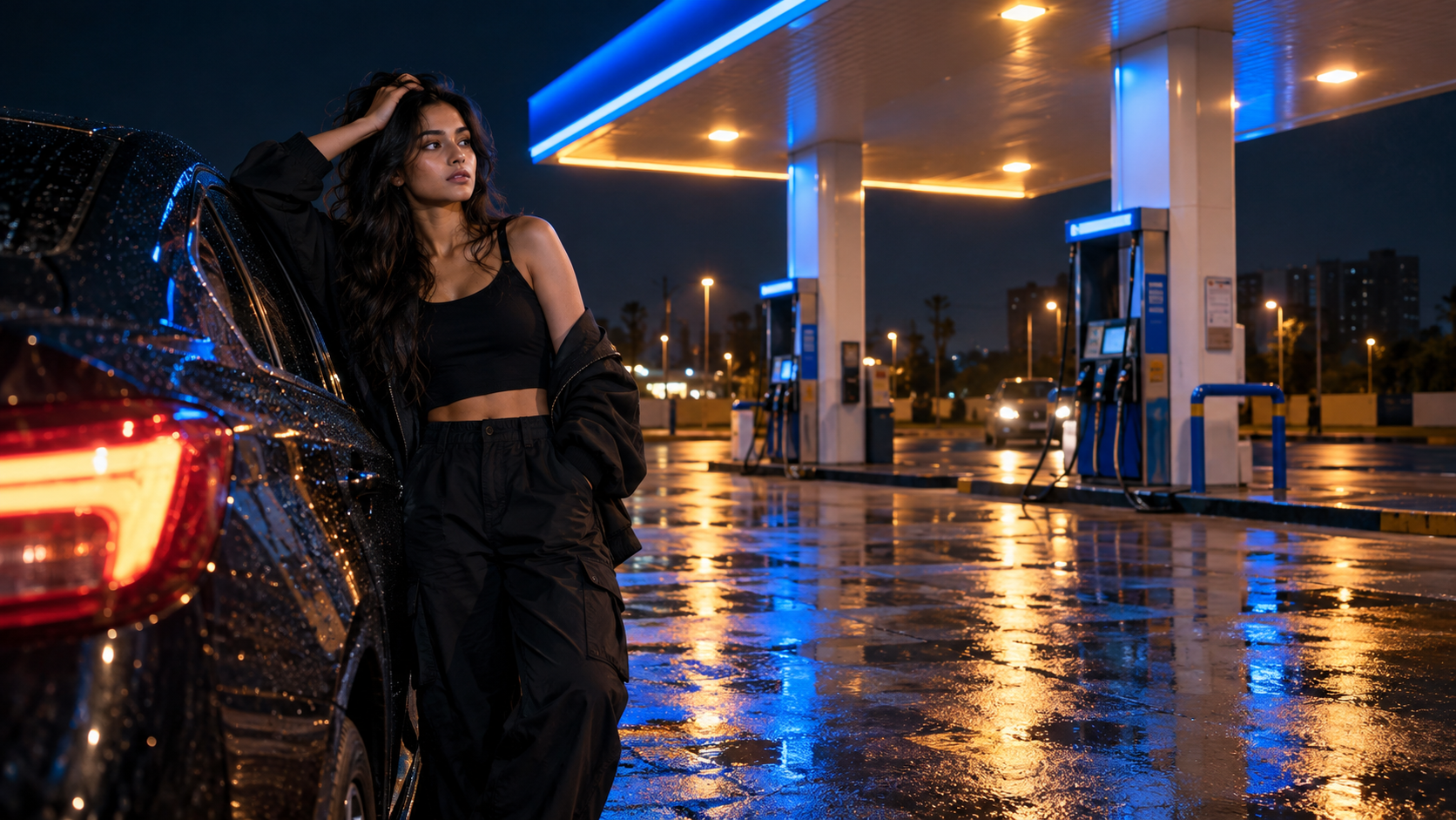 an aesthetic petrol-pump night photoshoot