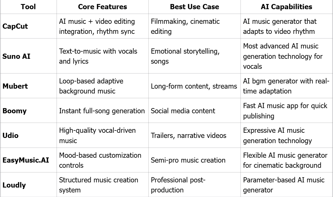AI Music Generators Comparison Table