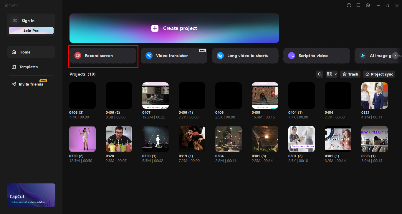 Launching the screen recorder in the CapCut desktop video editor