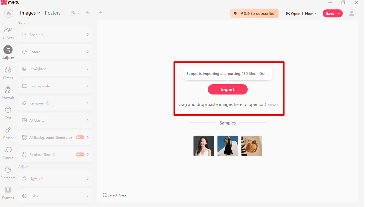 pag-import ng larawan sa Meitu