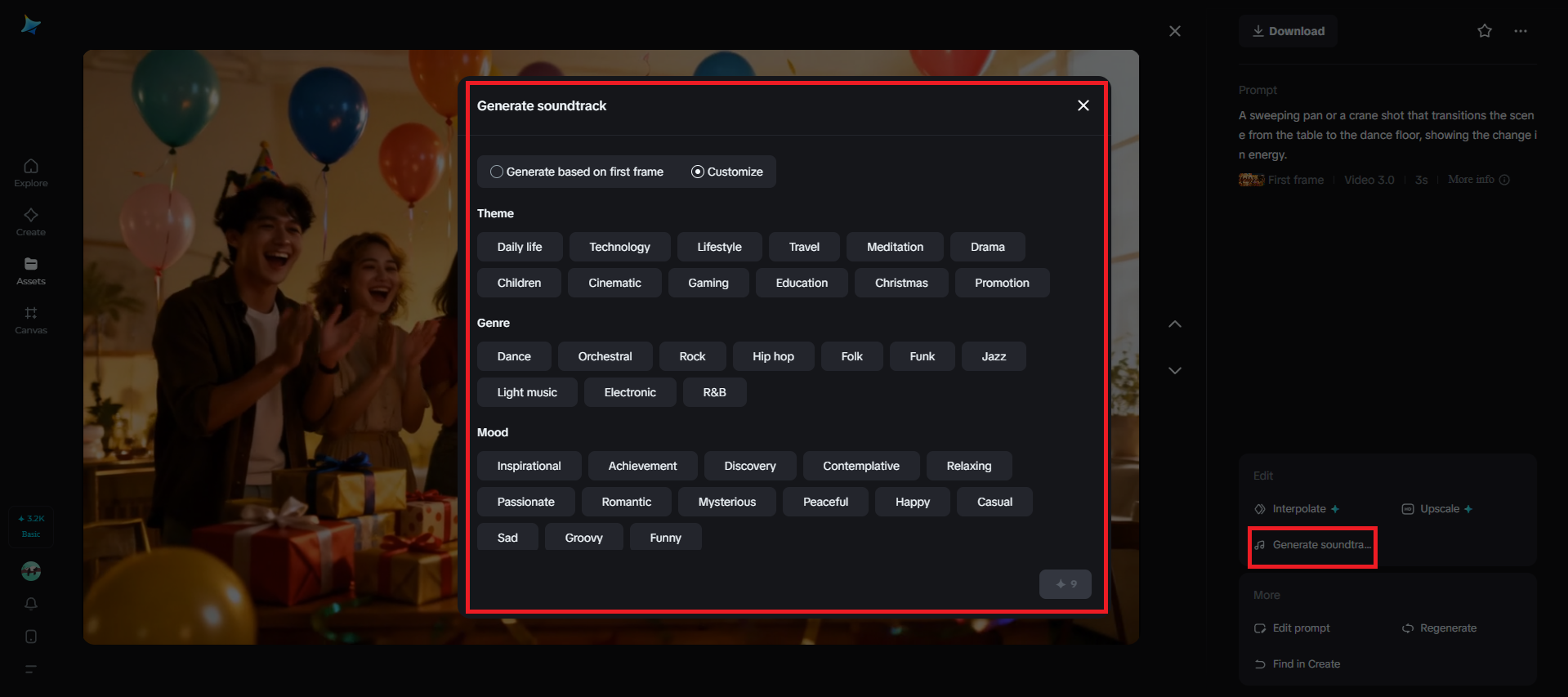 Generate soundtrack feature in Dreamina