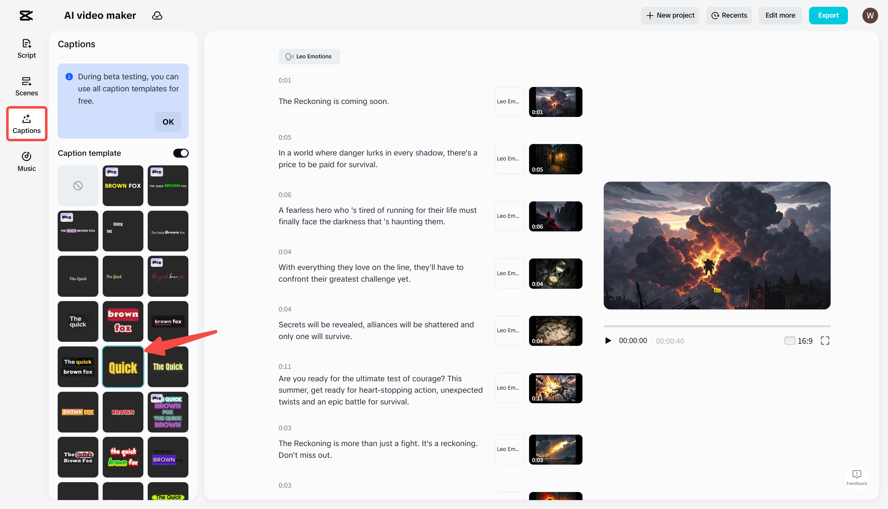 Aggiunta di didascalie al video in CapCut 's AI video maker