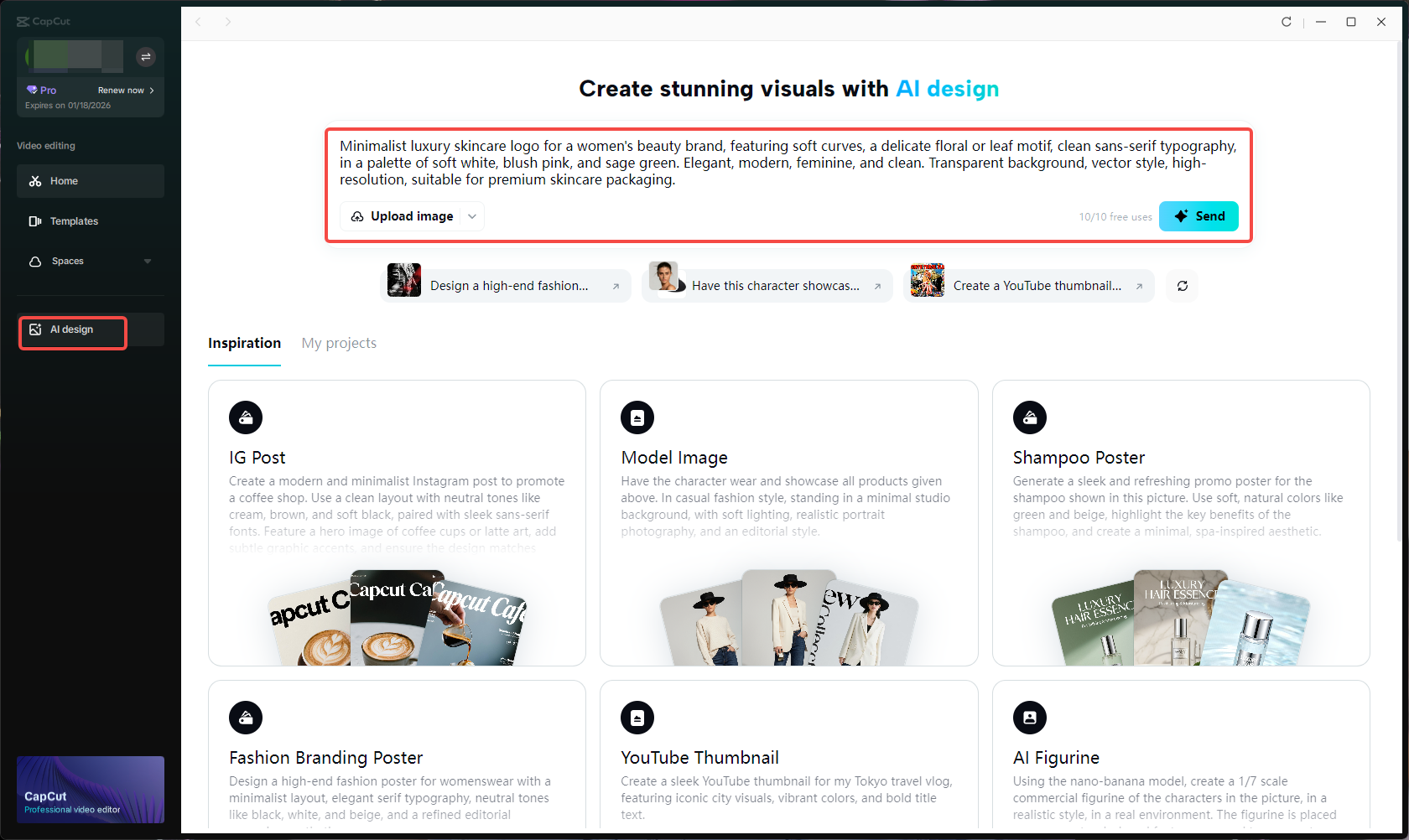 Accessing the AI design feature and writing your logo design prompt in CapCut