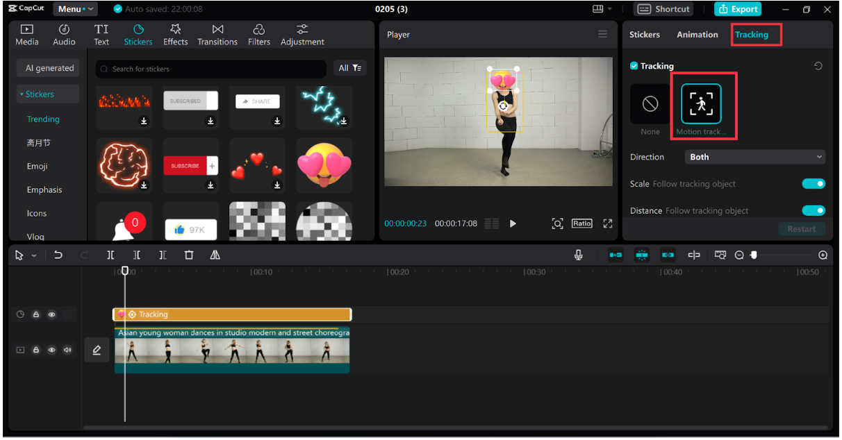 CapCut editor Tracking panel set to Motion track, with a person, sticker, and timeline visible.
