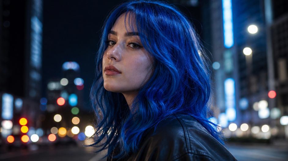 Blue Hair Effect - selbstbewusstes blauhaariges Porträt in einer nächtlichen Umgebung der Stadt