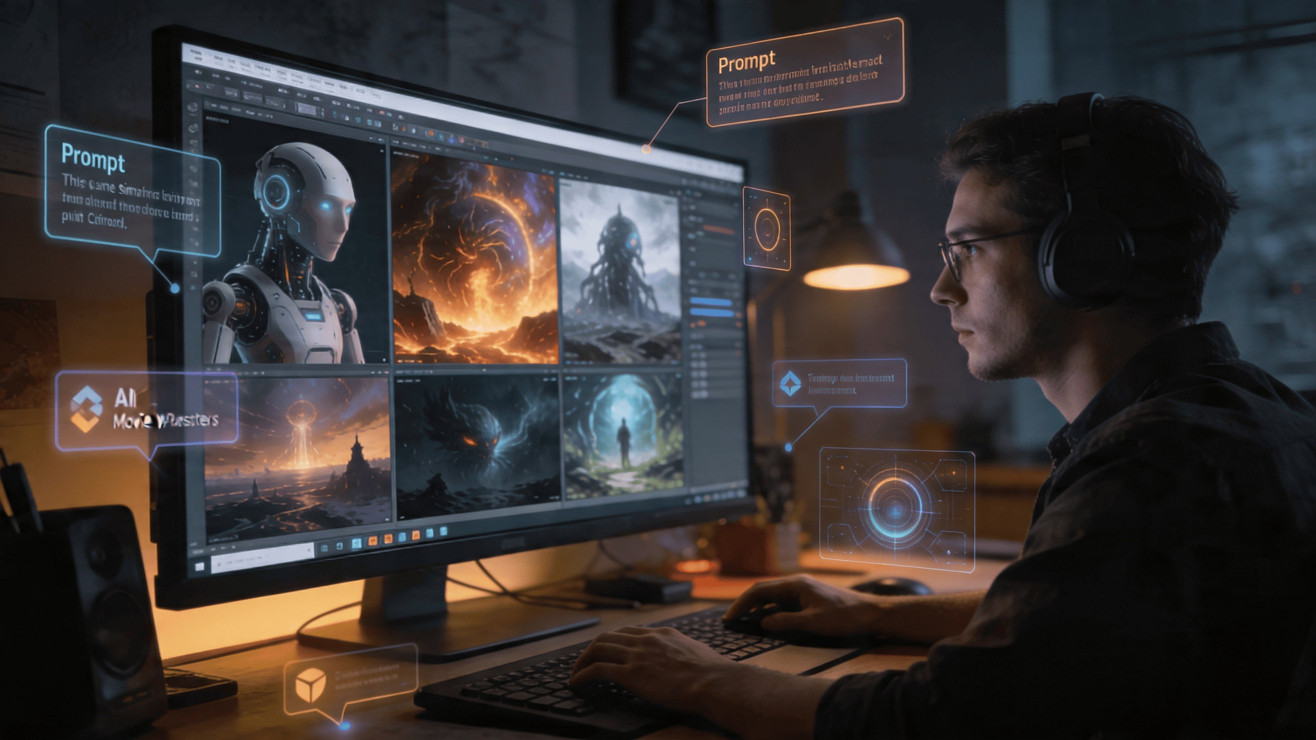 Un artist digital cinematografic care lucrează într-un studio creativ modern
