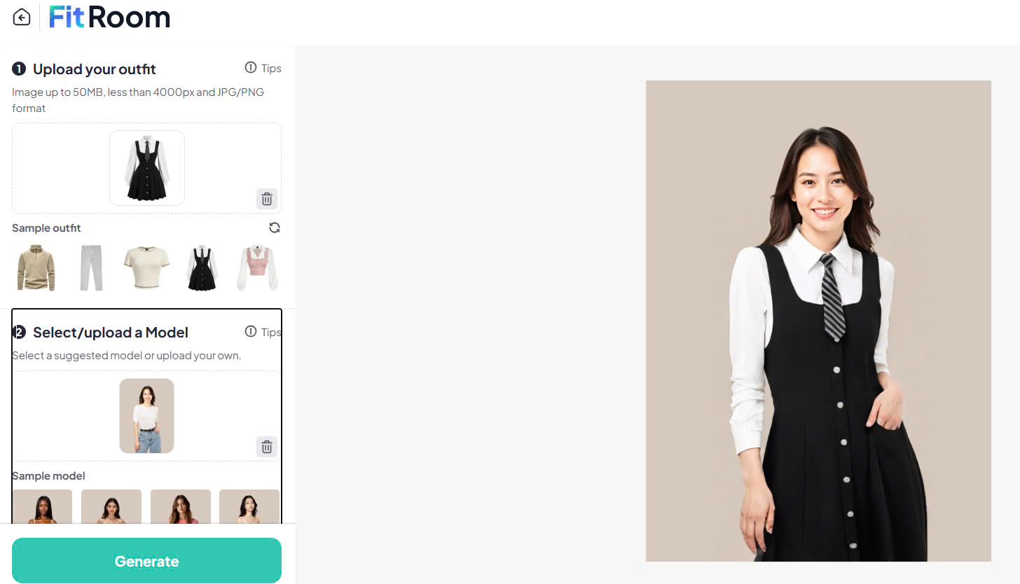 Rozhraní FitRoom - ideální editor fotografií pro změnu oblečení