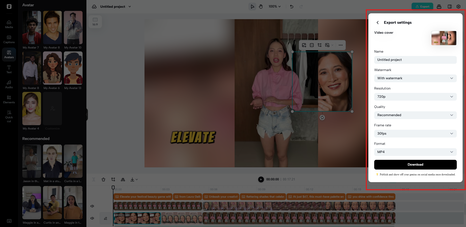 Select export settings