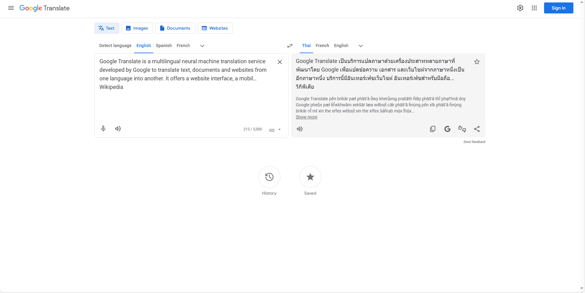 Translate text in Google Translate