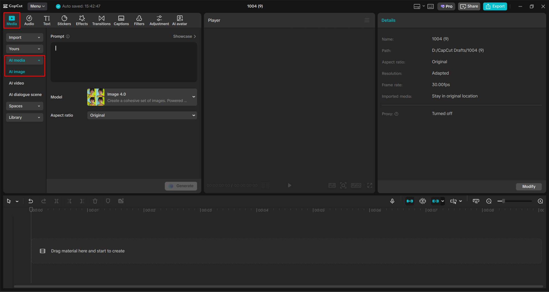 Accessing the AI image tool in the CapCut desktop video editor