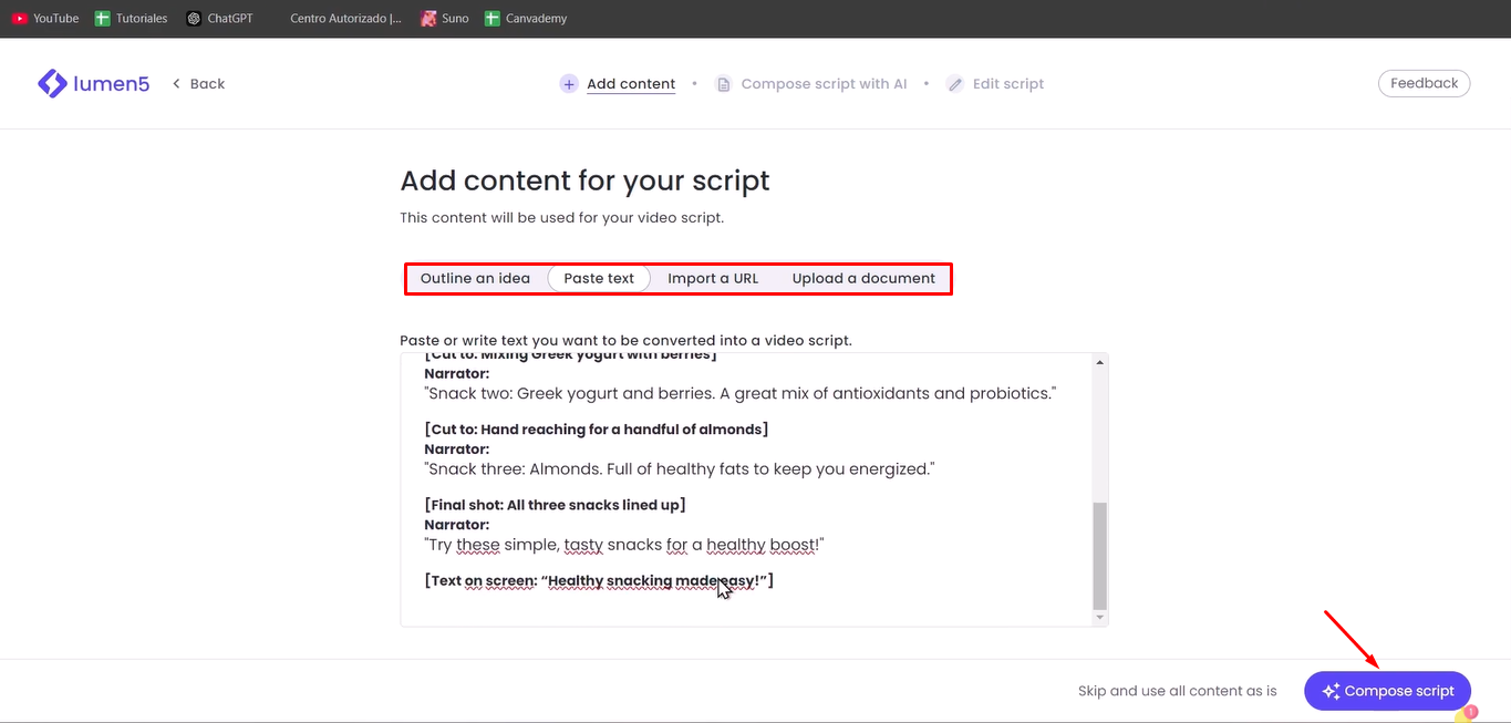 Adding and composing your script on Lumen5 AI