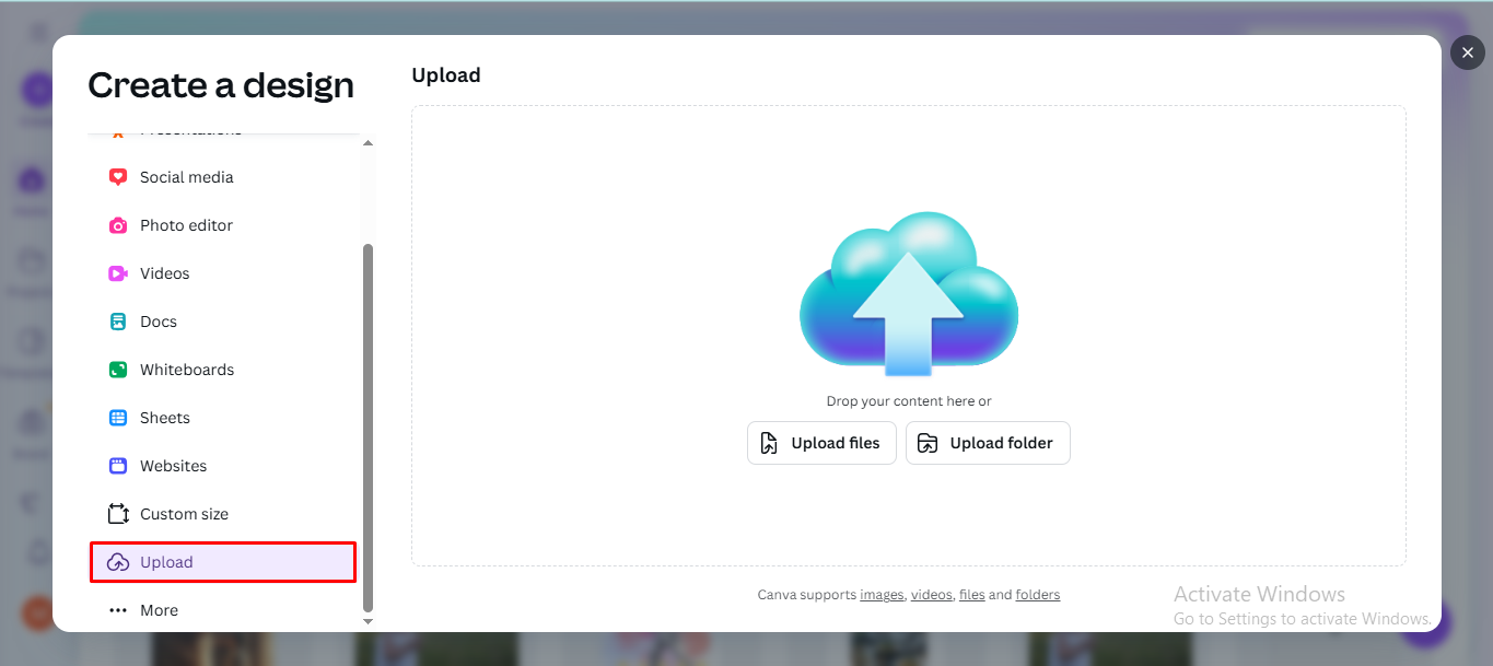Uploading and selecting the image in Canva