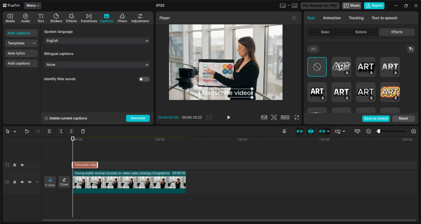 Interface de edição do editor de vídeo para desktop CapCut - uma ferramenta perfeita para transcrever vídeos