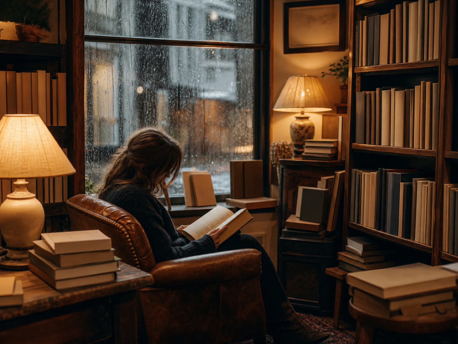 Buchhandlung mit verregnetem Fenster
