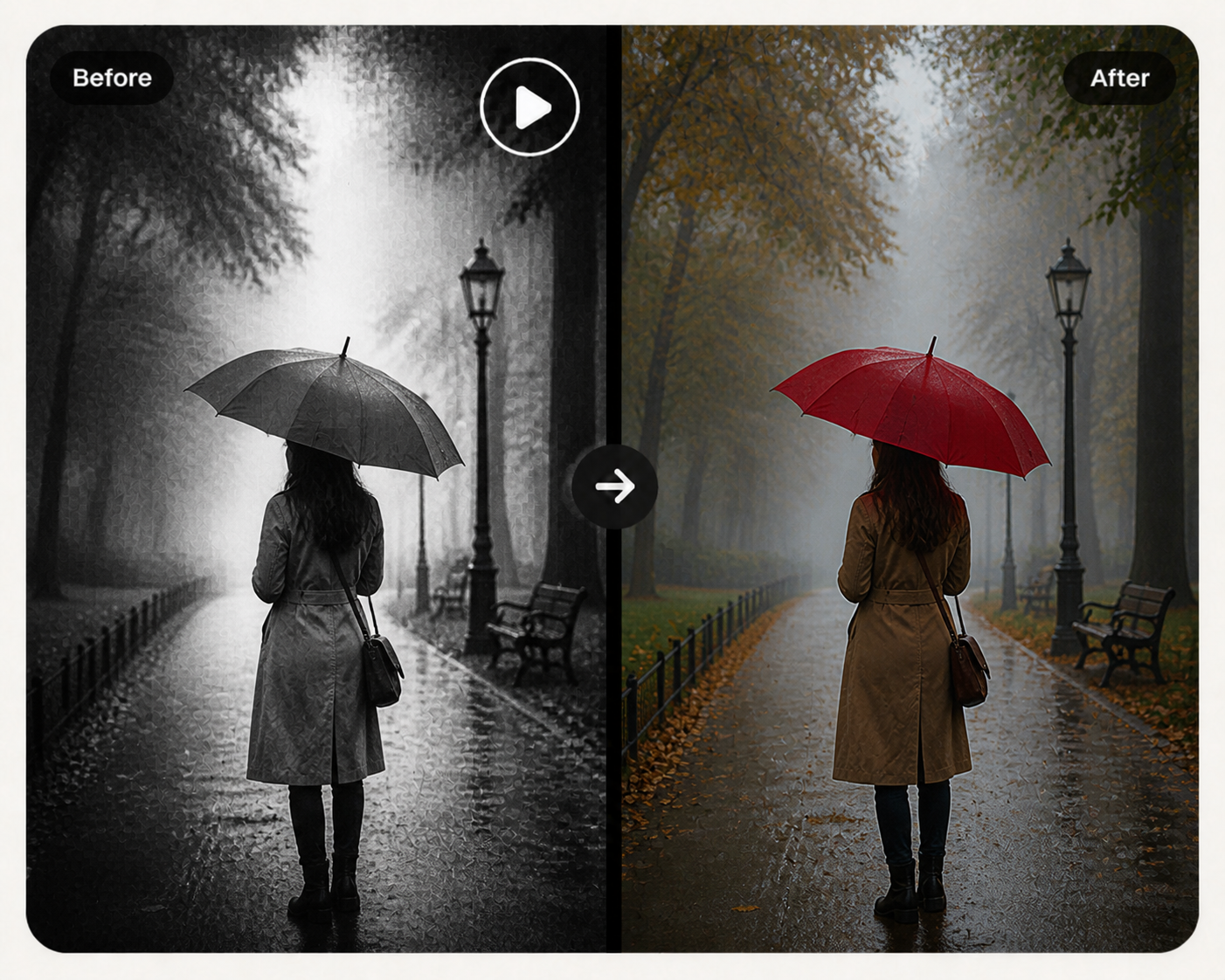 Before and after comparison of a black and white video filter