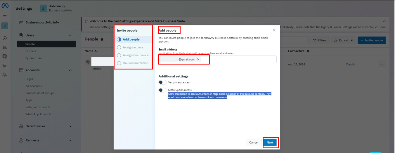 Image showing how to add your team and assign roles in Meda ads manager