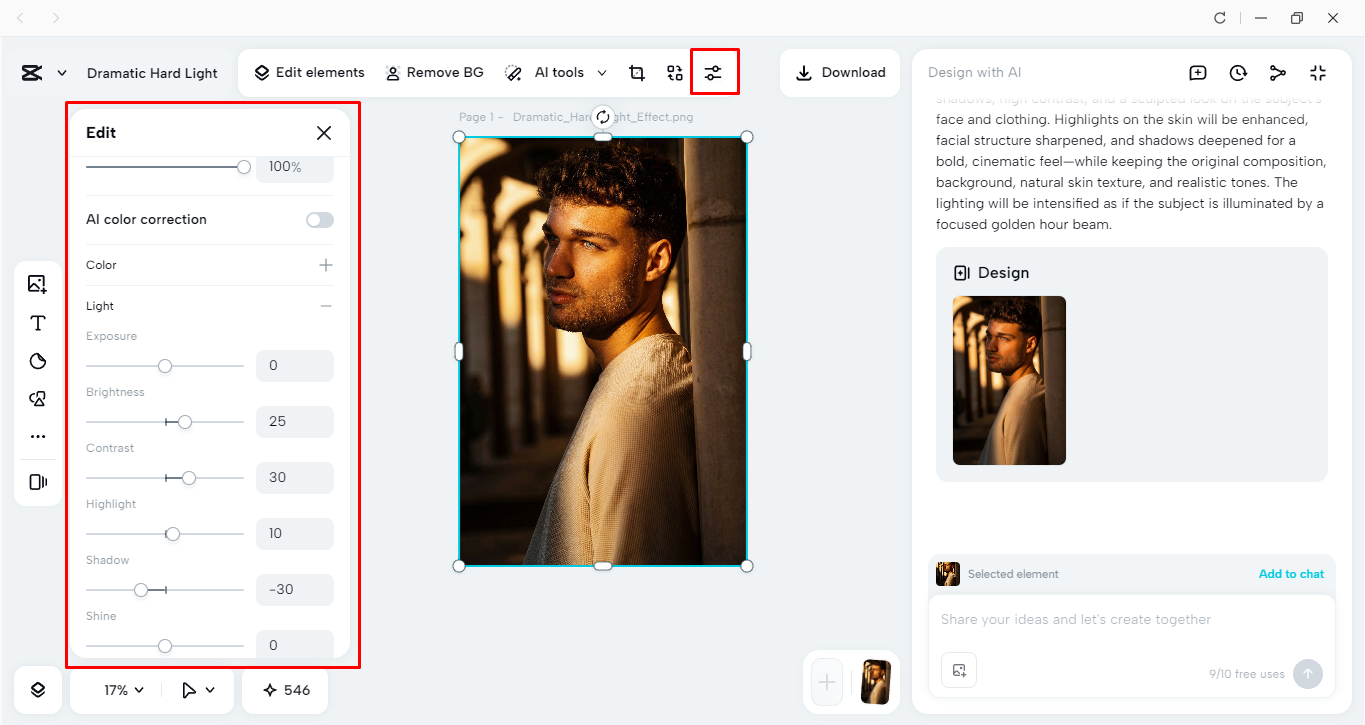 Creating a hard light image in the CapCut desktop video editor