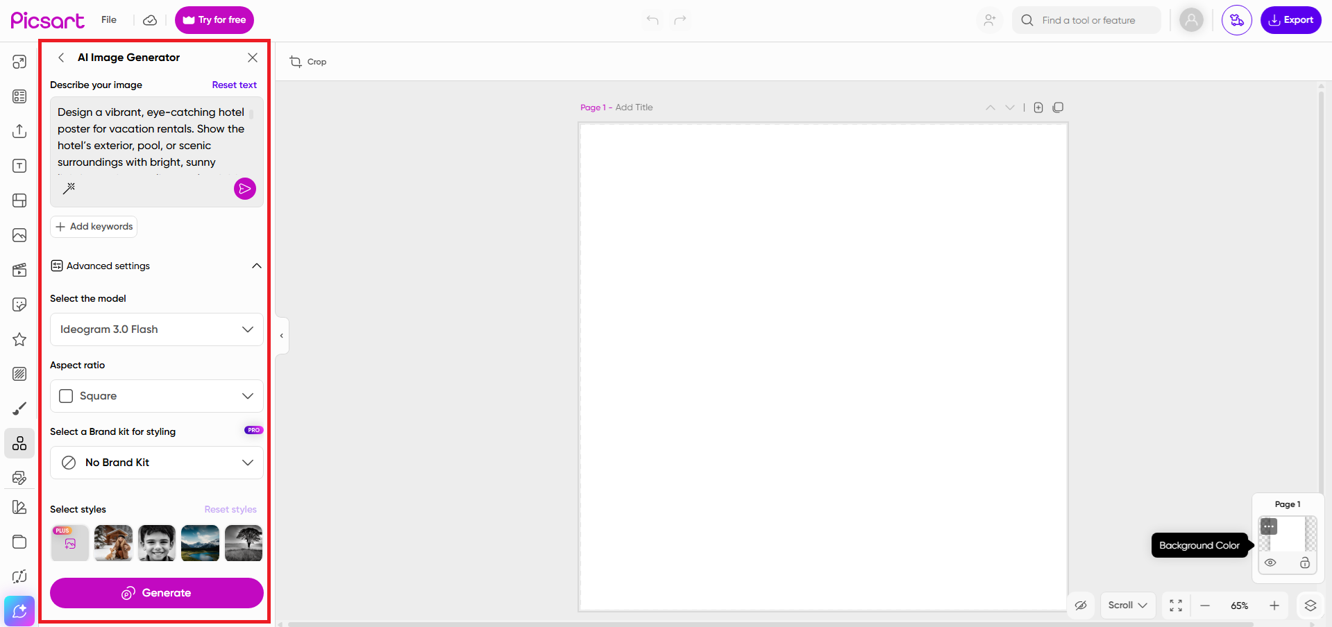 ป้อนพรอมต์โปสเตอร์คุณสมบัติของคุณและปรับแต่งการตั้งค่า