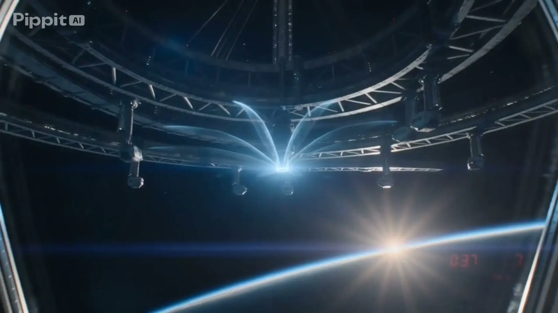 Futuristic space station with bright light above Earth's horizon