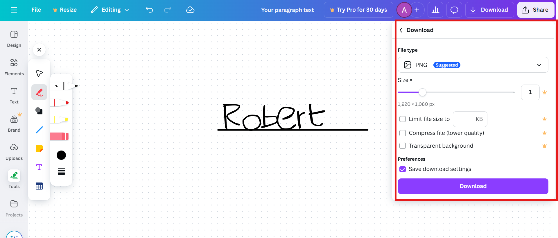 צמצם וייצא את החתימה שלך