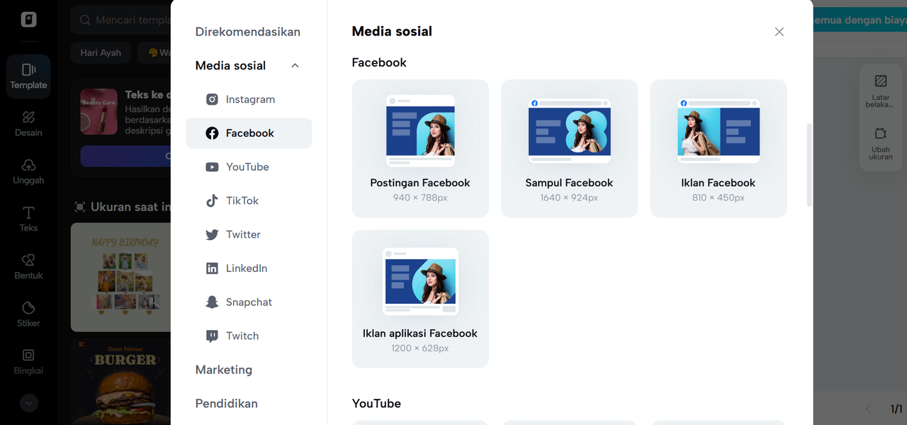 Mengatur ukuran gambar Facebook di editor online