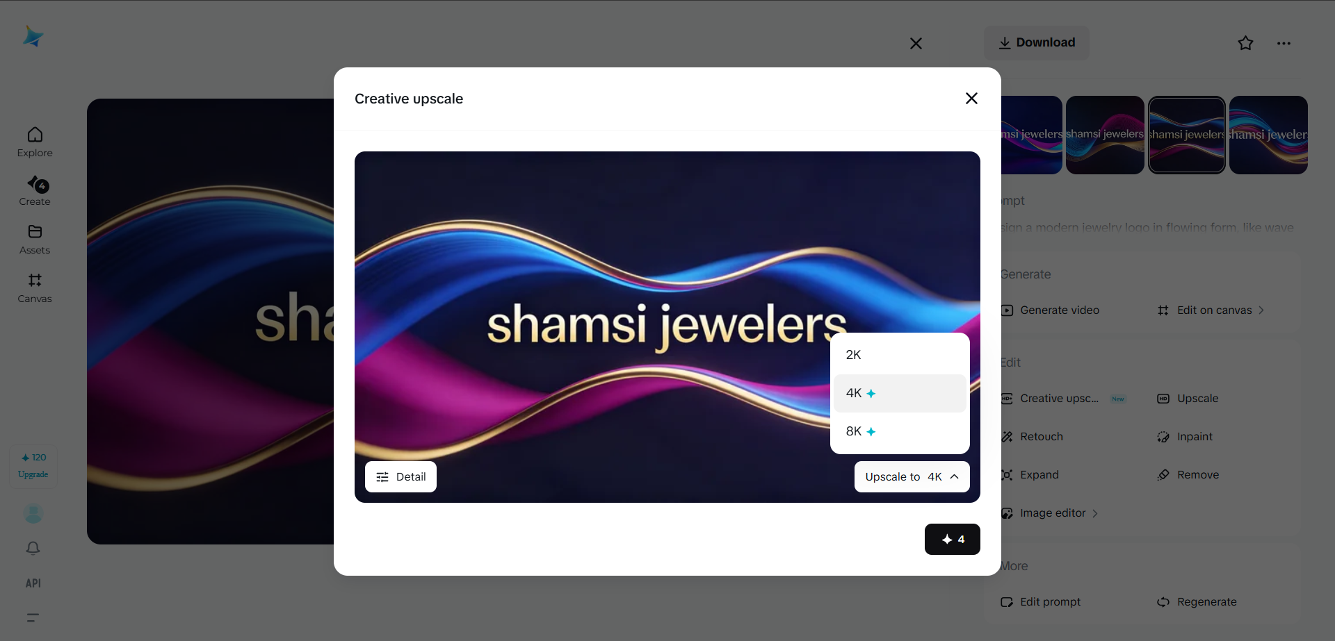 Ascuțirea logo-ului bijuteriilor până la 8k folosind caracteristica Creative de lux a Dreamina