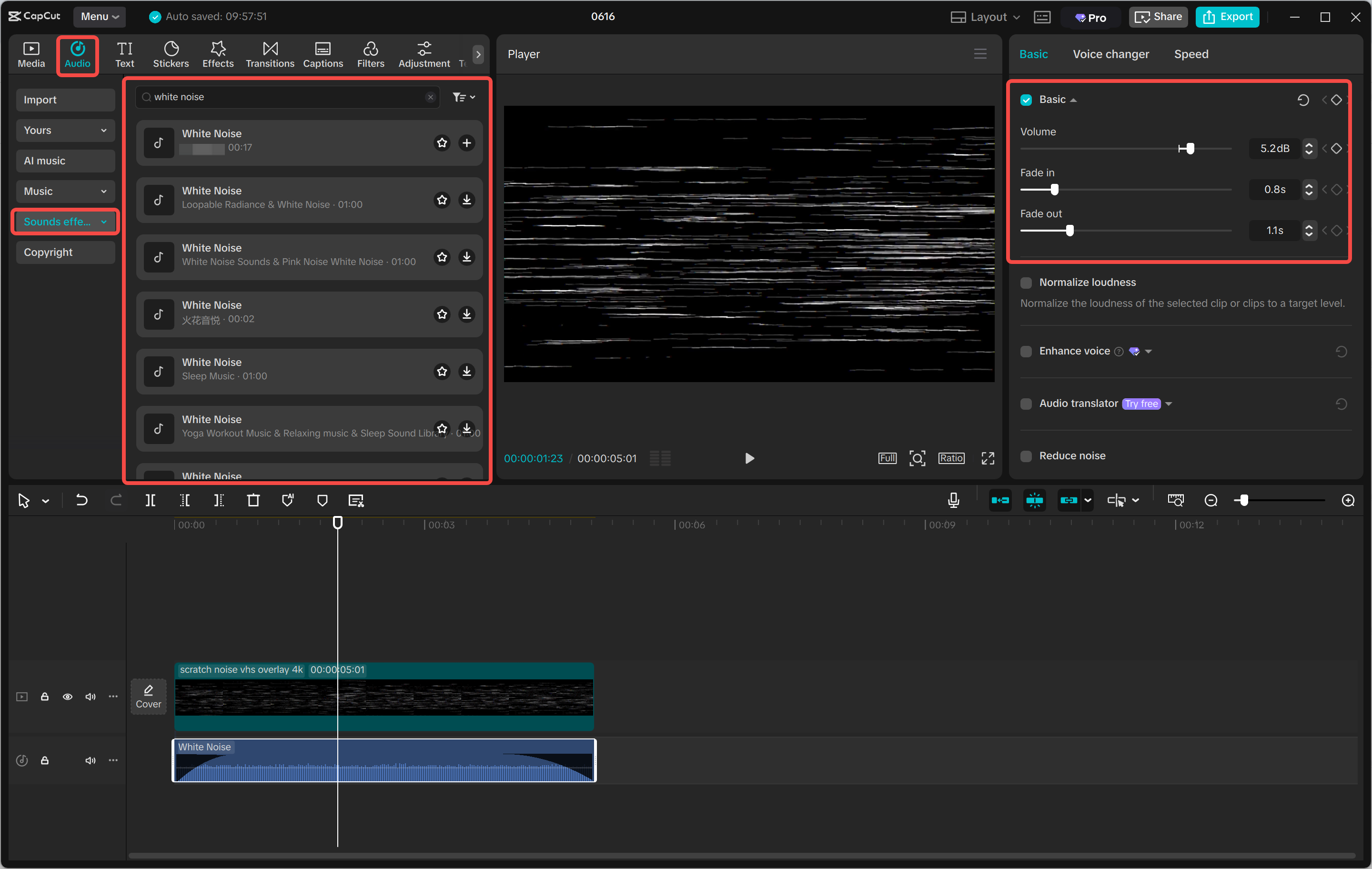 Adding and adjusting white noise sound into video in CapCut desktop video editor