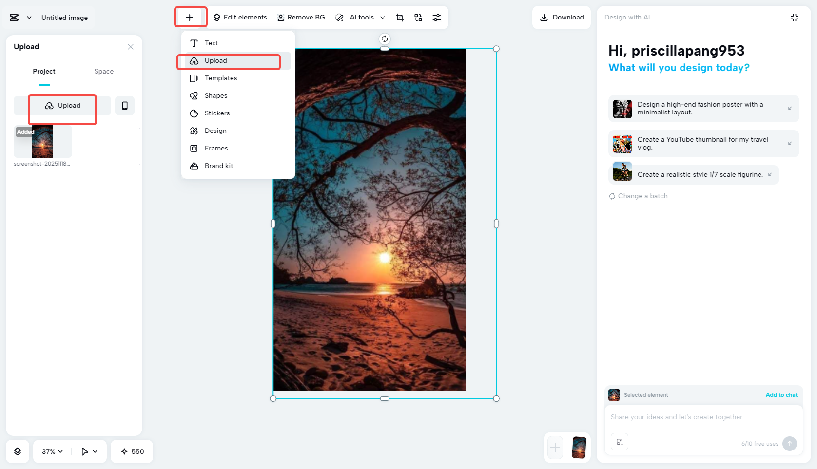Upload media to CapCut AI design canva