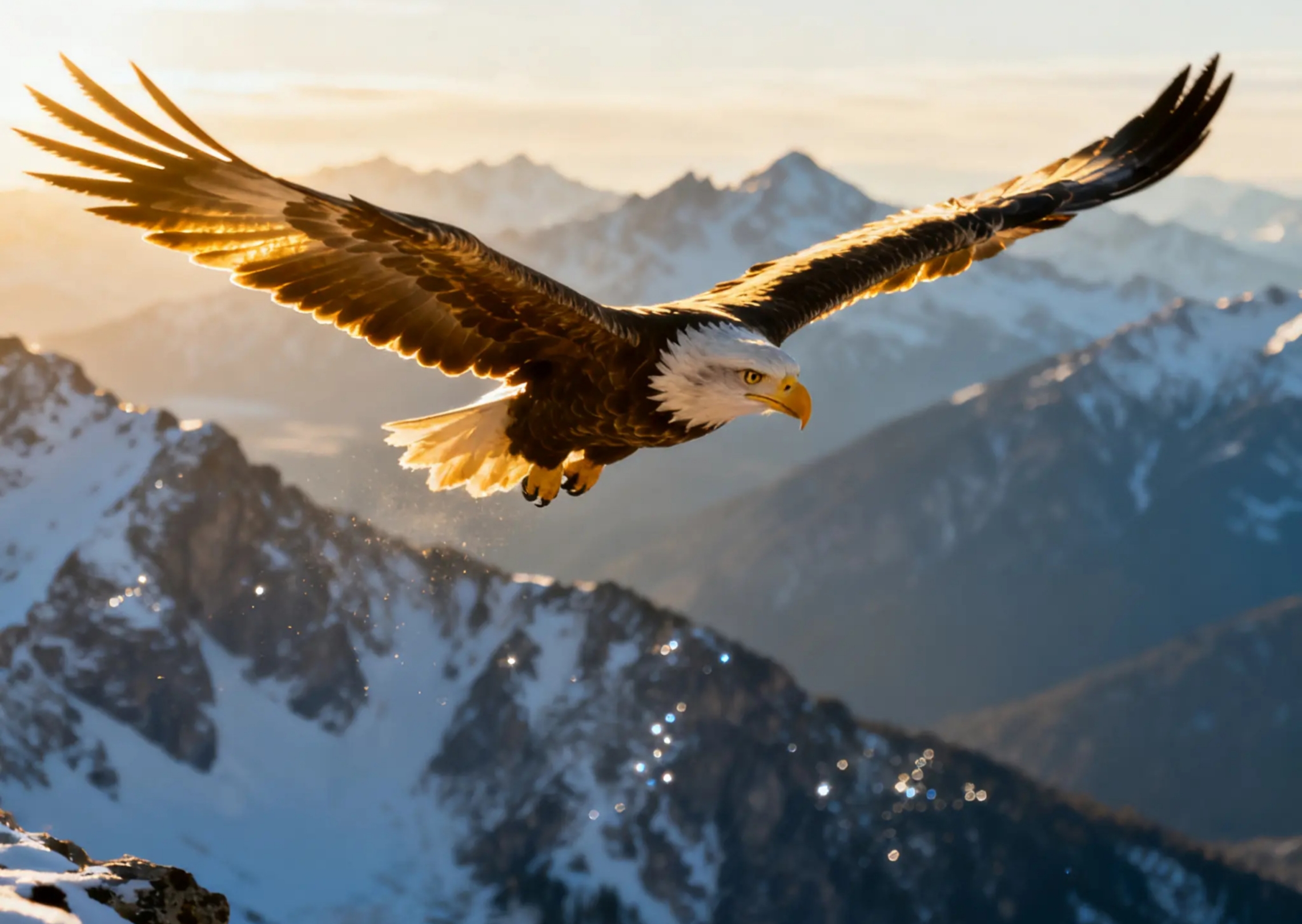 A majestic eagle soaring above snow-capped mountains