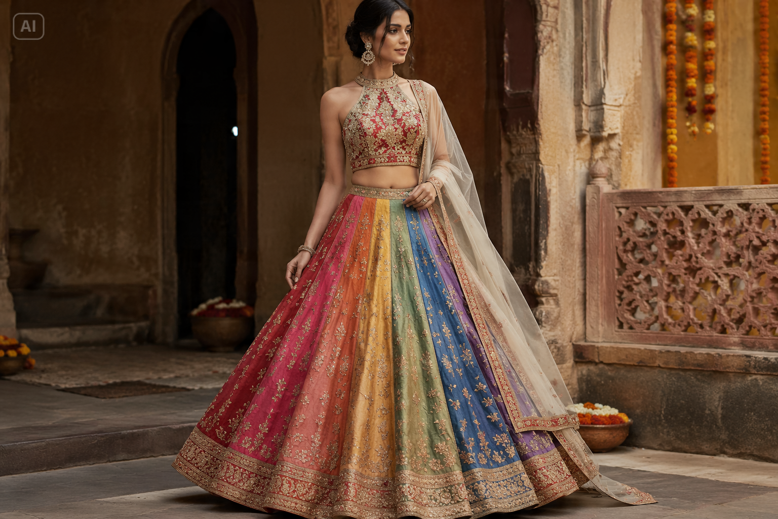 Multicolor Regenbogen Braut Lehenga