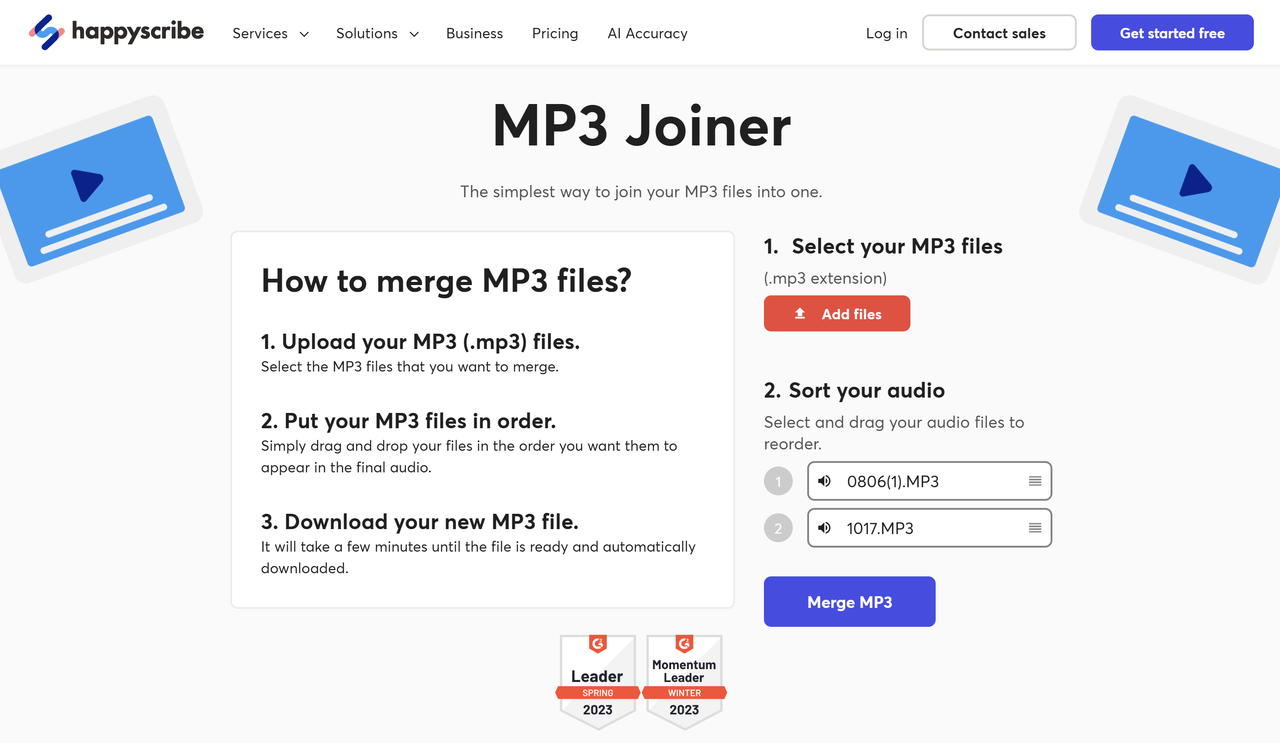 The interface of Happyscribe - a straightforward tool to merge MP3 files online