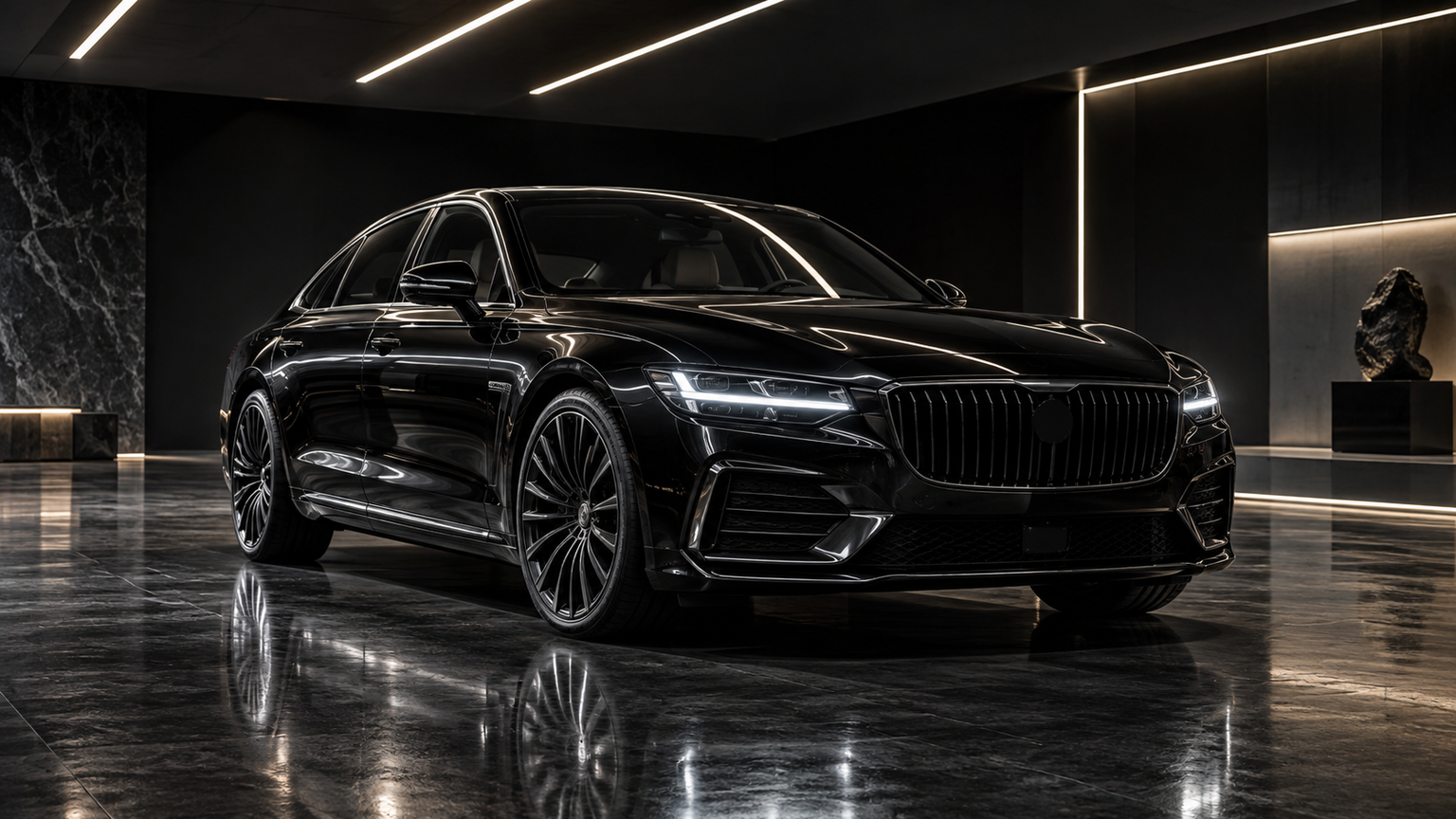 Mercedes car AI video prompts: Dark Showroom Reveal