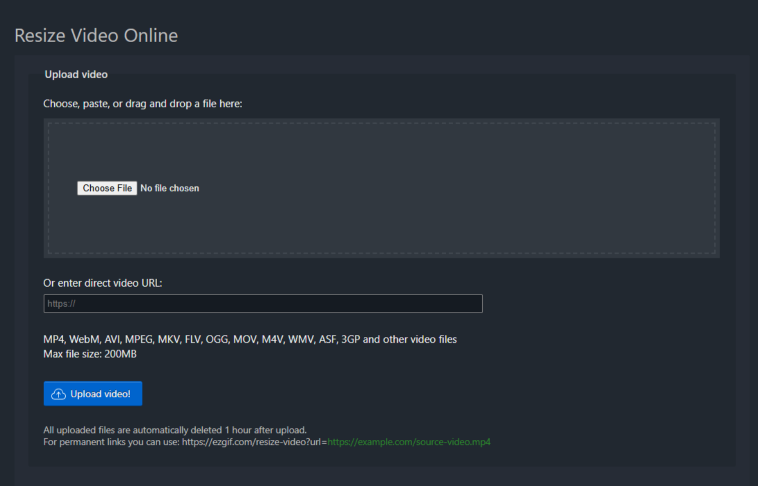 Interface of Ezgif - an efficient MP4 resizer