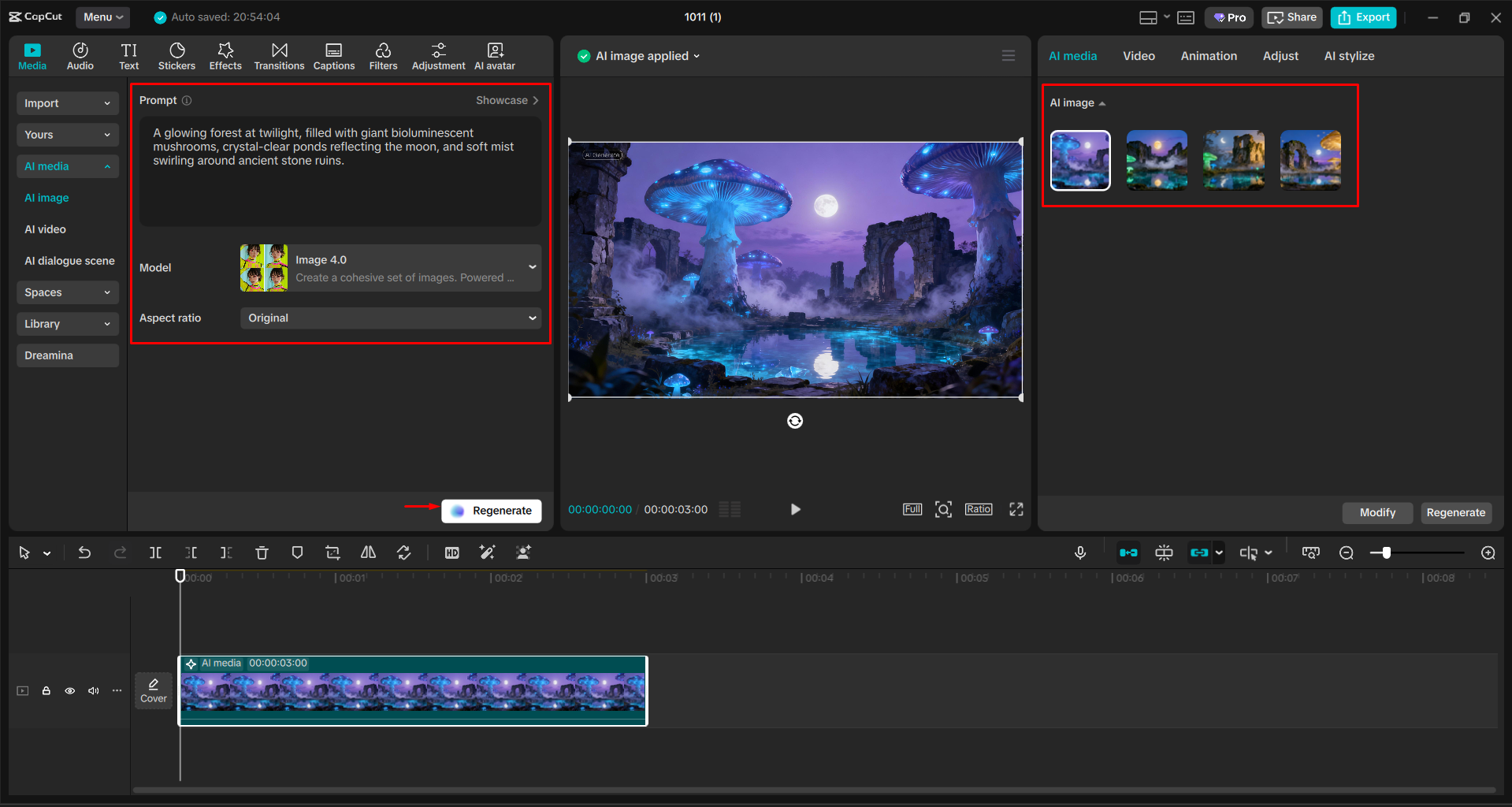 Generating an image with CapCut's AI image tool