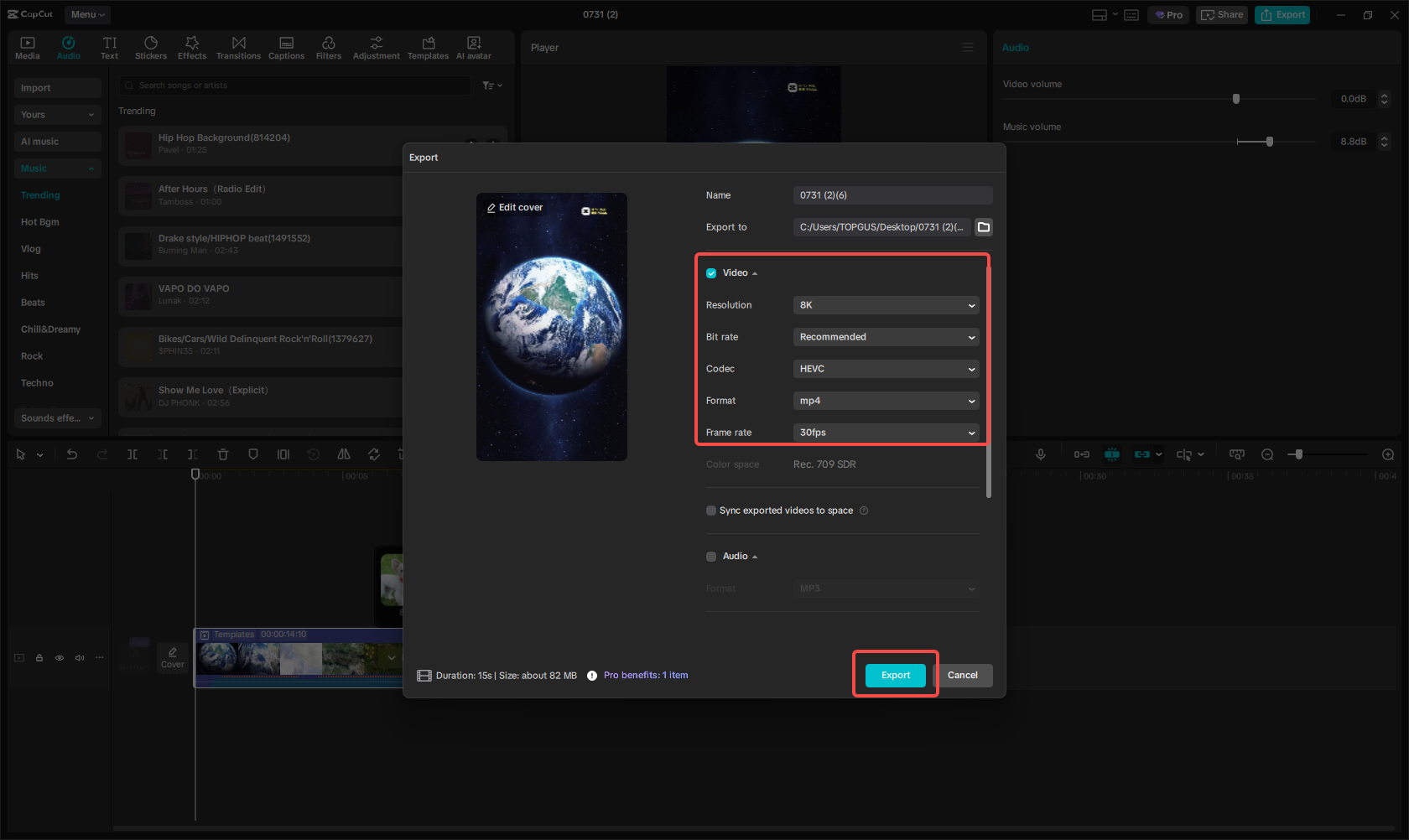Exportieren Sie das Earth-Zoom-Out-Video in hoher Qualität