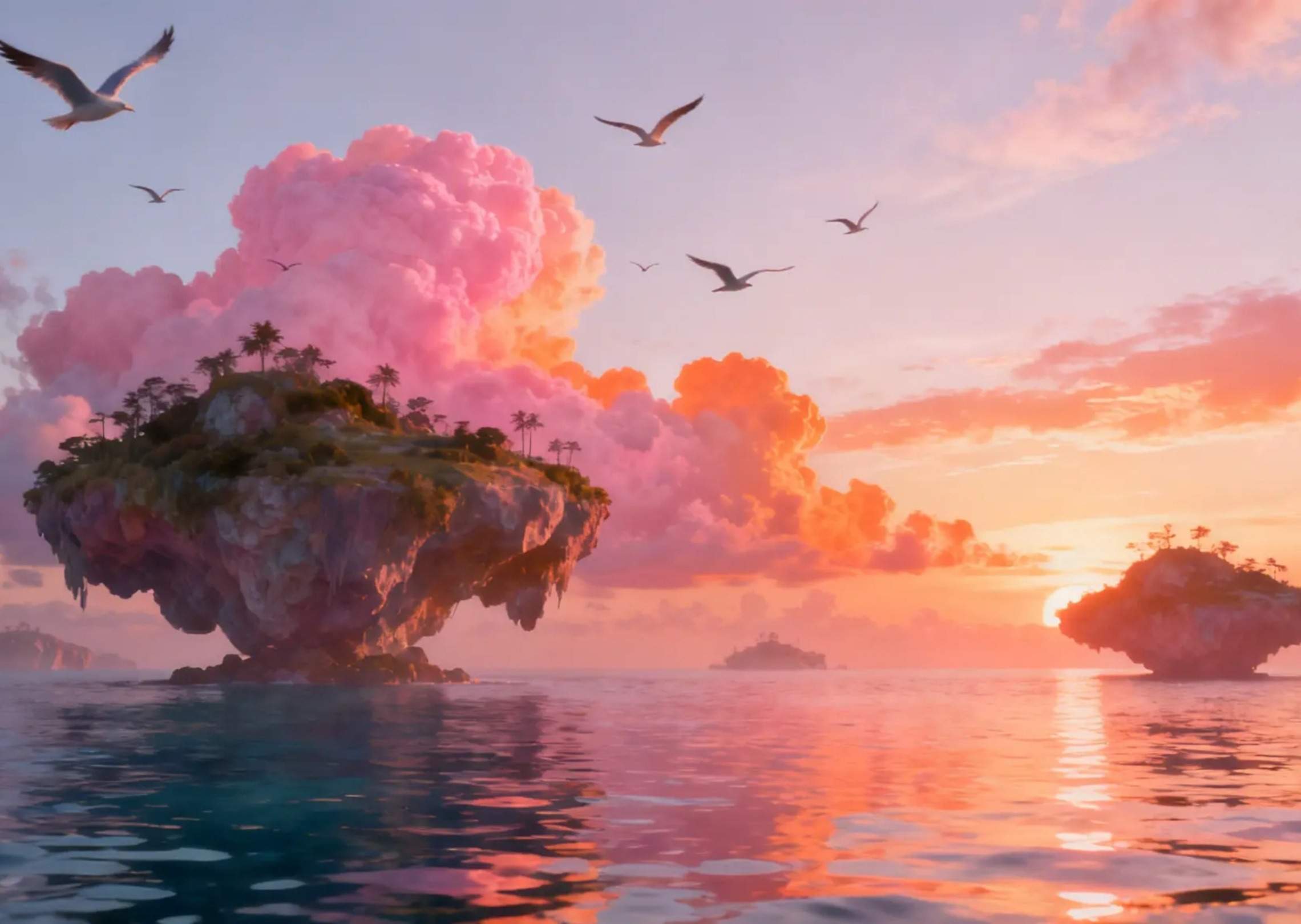 A dreamy ocean sunset with floating islands