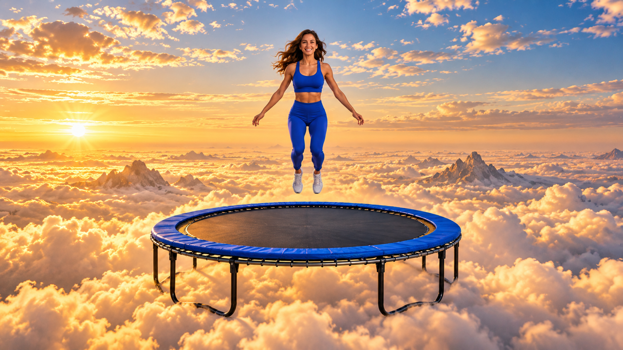 Premium 16:9 cinematic fantasy keyframe, full-body original adult woman in cobalt athletic outfit at low apex of a bounce above complete round blue-rim trampoline suspended over golden cloud sea. Both feet a short distance above clearly visible dark mesh, entire springs rim and support frame inside image, abundant headroom, sunrise rim light, face clear, surreal impossible sky, no text.