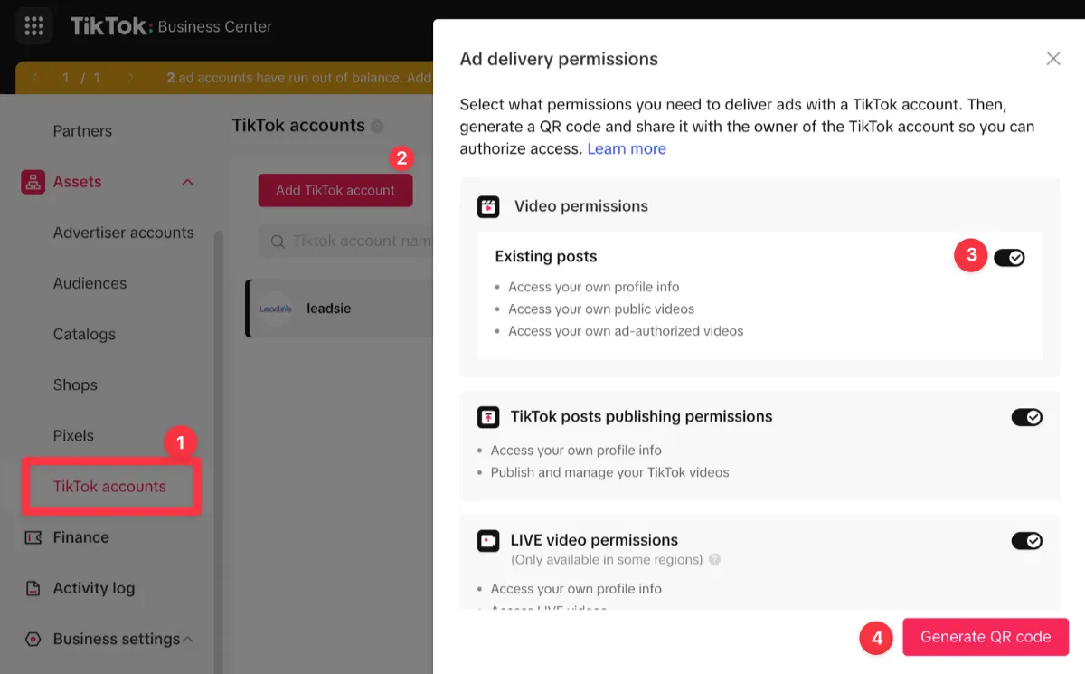 connect a TikTok account to an ad account
