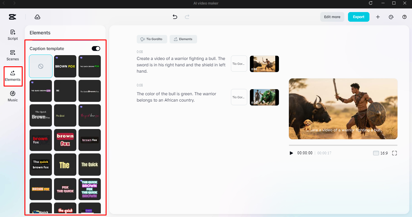 Choosing a caption template for the video in CapCut's AI video maker
