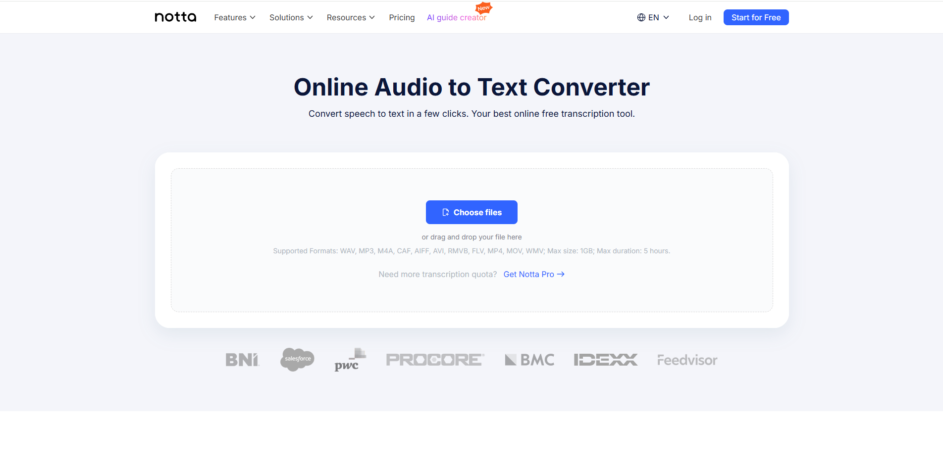 Interface of Notta - the perfect way to translate audio to text online for free
