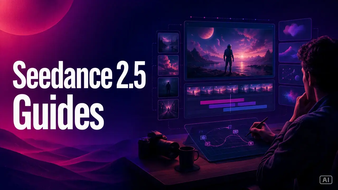 Seedance 2.5 Guides text beside a creator editing a fantasy video on a monitor