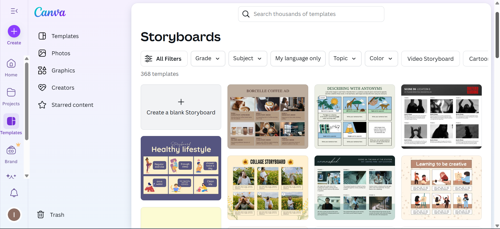Canva - a free tool that provides a storyboard template AI