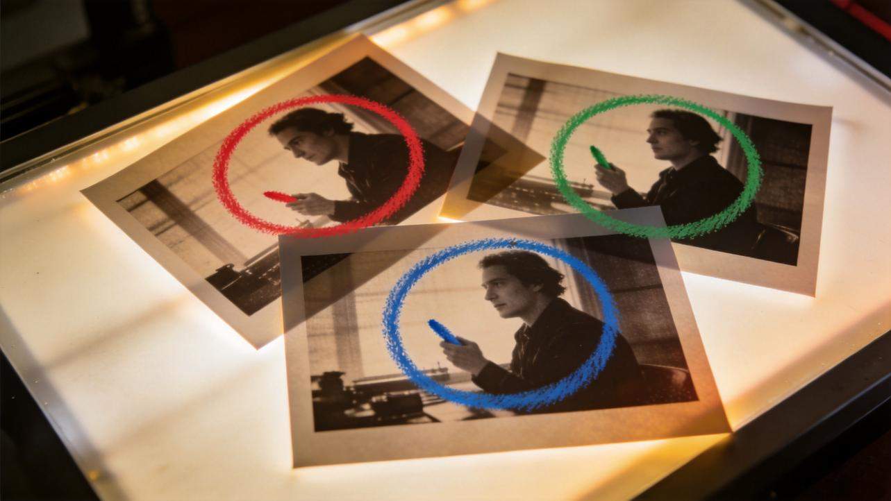 Three printed photos show the same man holding a phone from different angles, marked red, green, and blue.