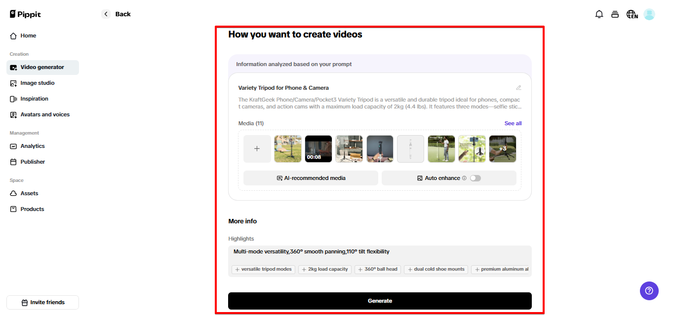 Generating video in Pippit